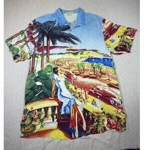 Tulliano Men XL Blue Yellow Silk Short Sleeve Button Front Beach Vacation Shirt